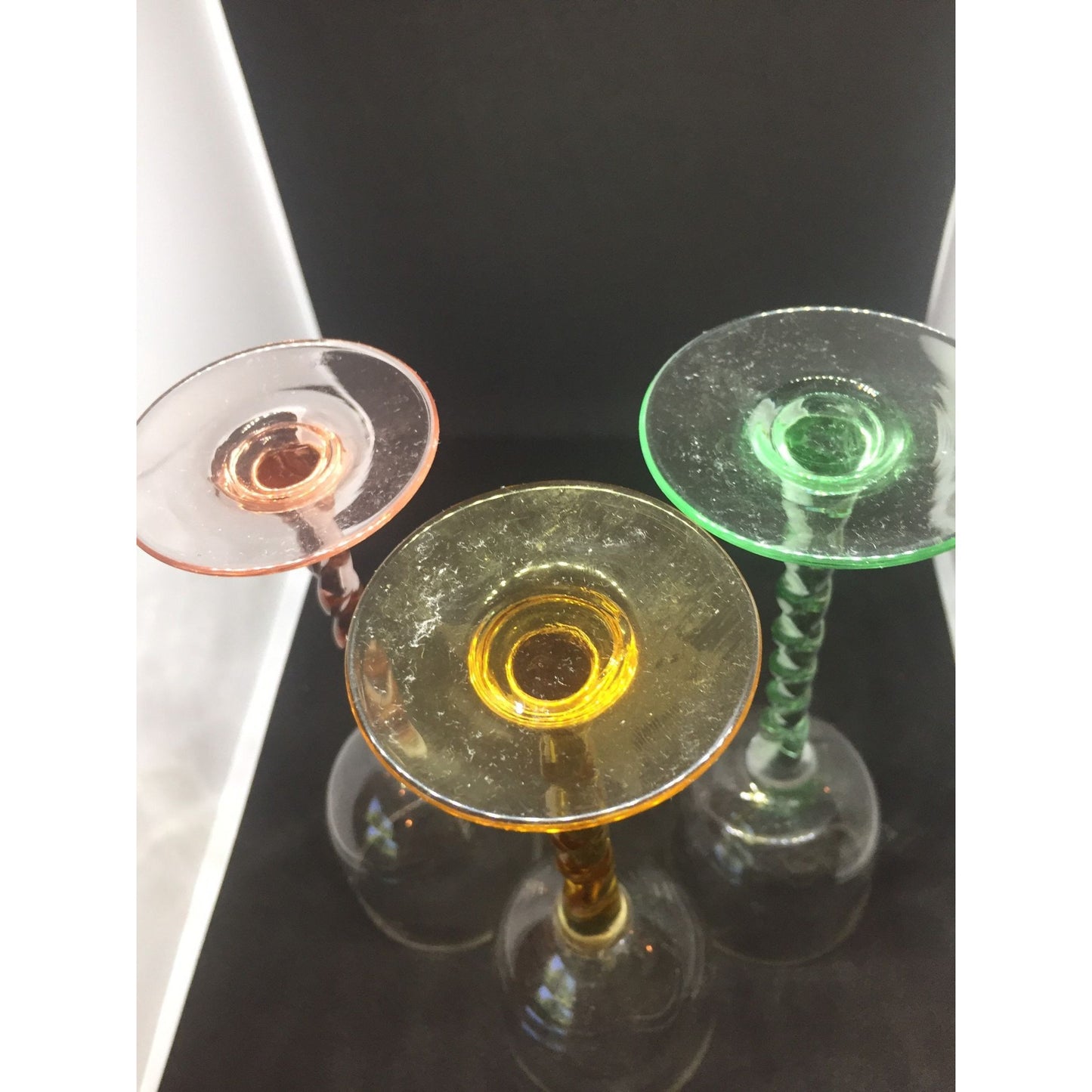 Vtg Set of 3 Liquor Venetian Glass Twisted Stems Yellow Pink Green Glass 3 Ounces 6 1/2" Tall