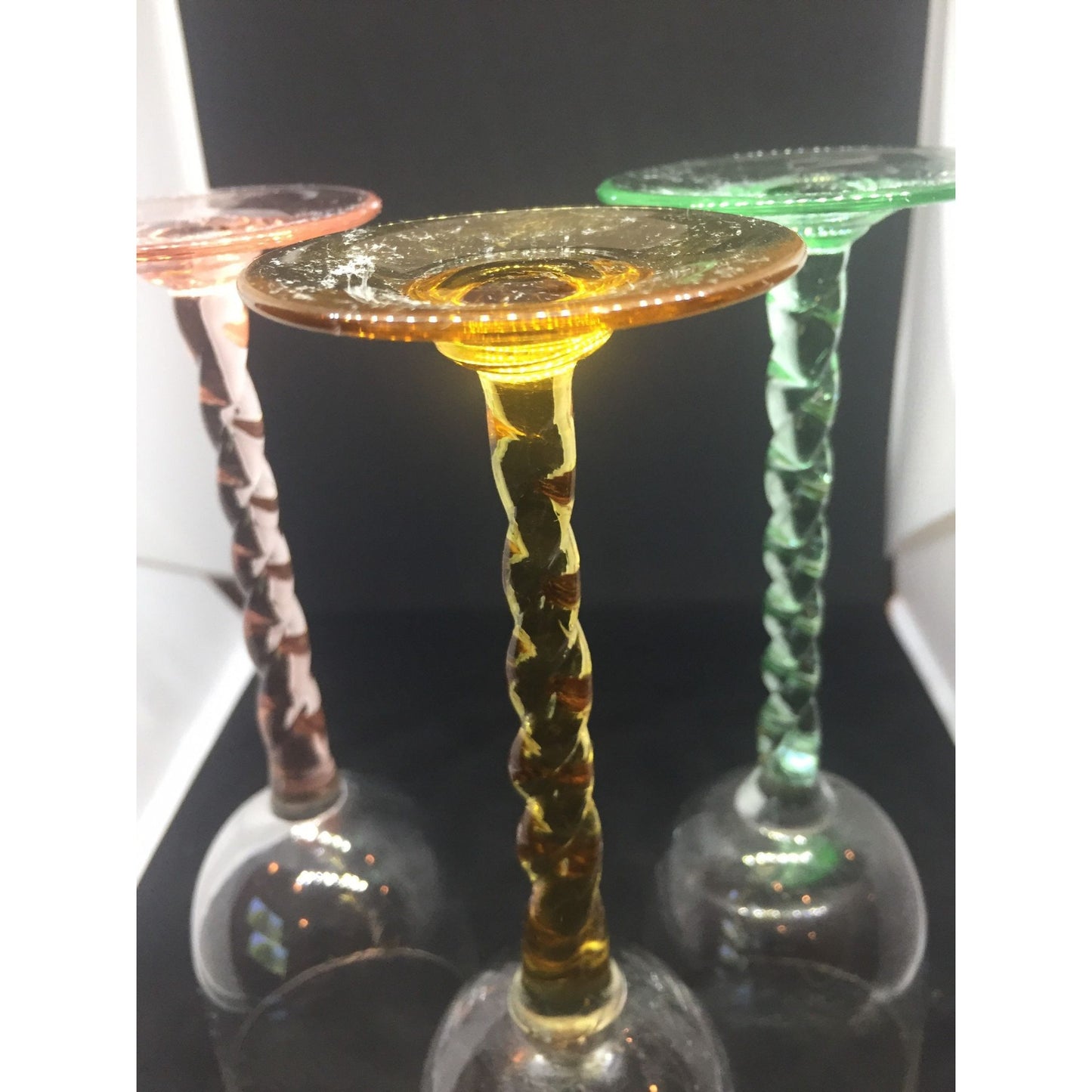 Vtg Set of 3 Liquor Venetian Glass Twisted Stems Yellow Pink Green Glass 3 Ounces 6 1/2" Tall