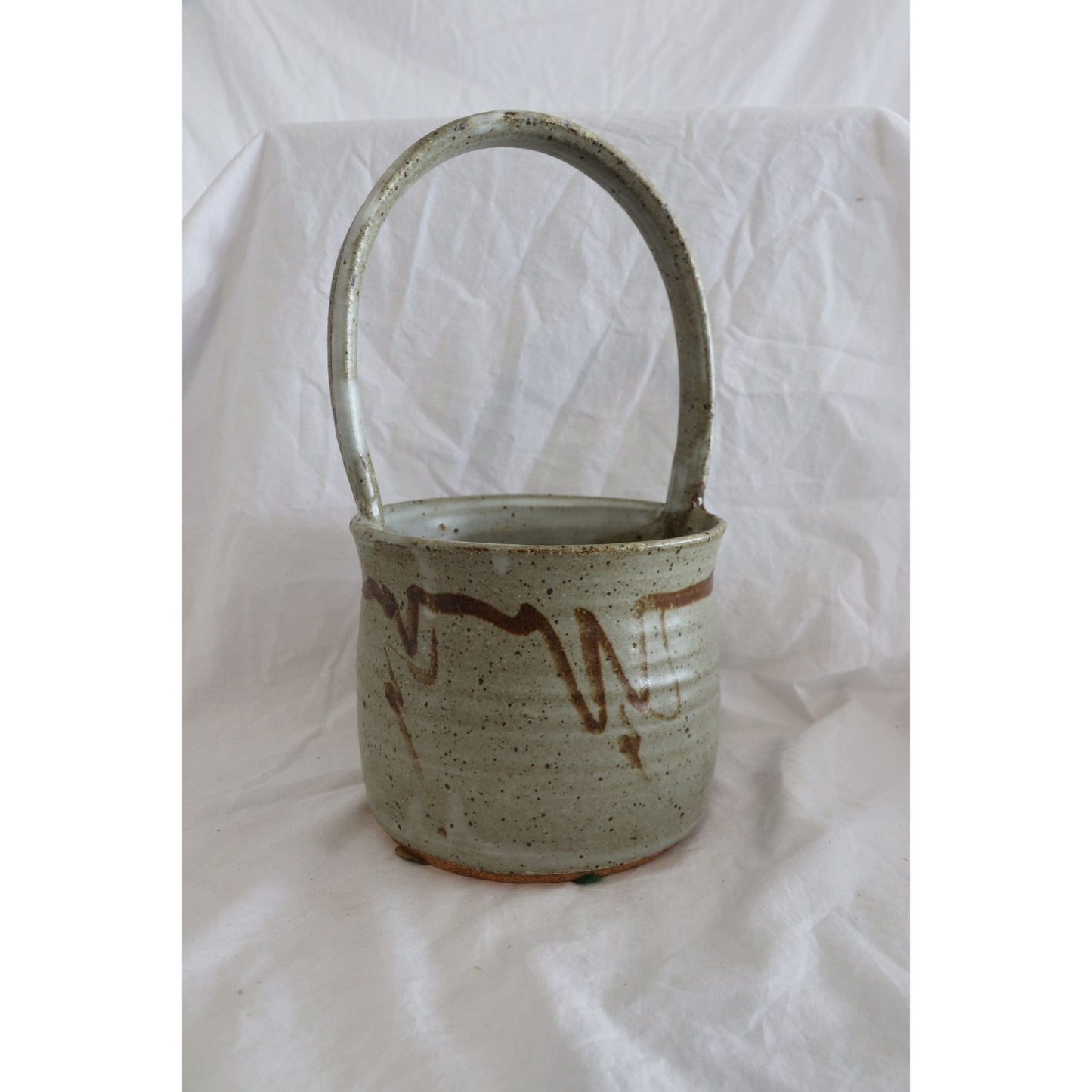 Vtg Handmade Studio Art Fine Pottery Ceramic Basket Glazed Beige Brown Signed By Artist NAHLER Barbara Nahler