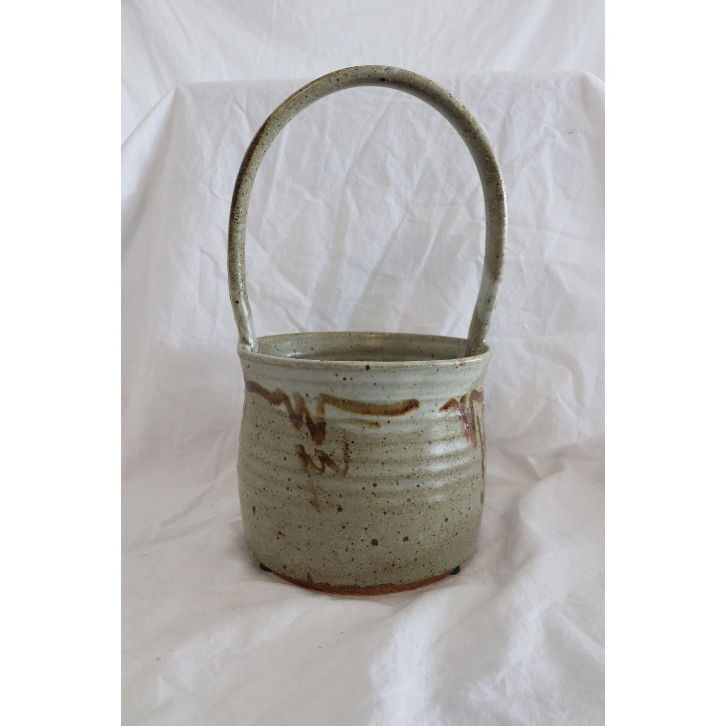 Vtg Handmade Studio Art Fine Pottery Ceramic Basket Glazed Beige Brown Signed By Artist NAHLER Barbara Nahler