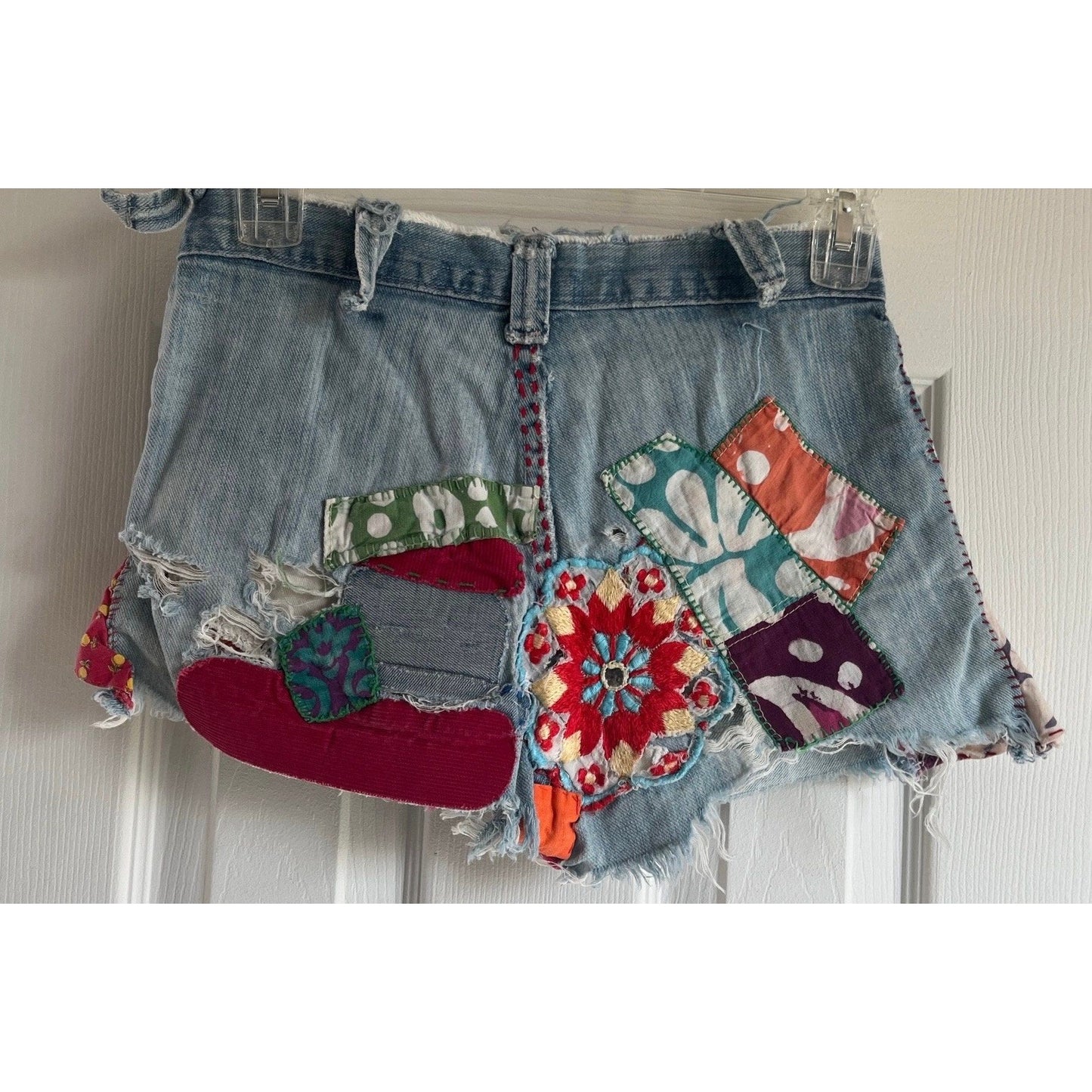 Vintage 1960's Handmade Hillbilly Cut Off Jean Shorts Embroidered Patches Rainbow Thread Psychedelic Mirror Patches