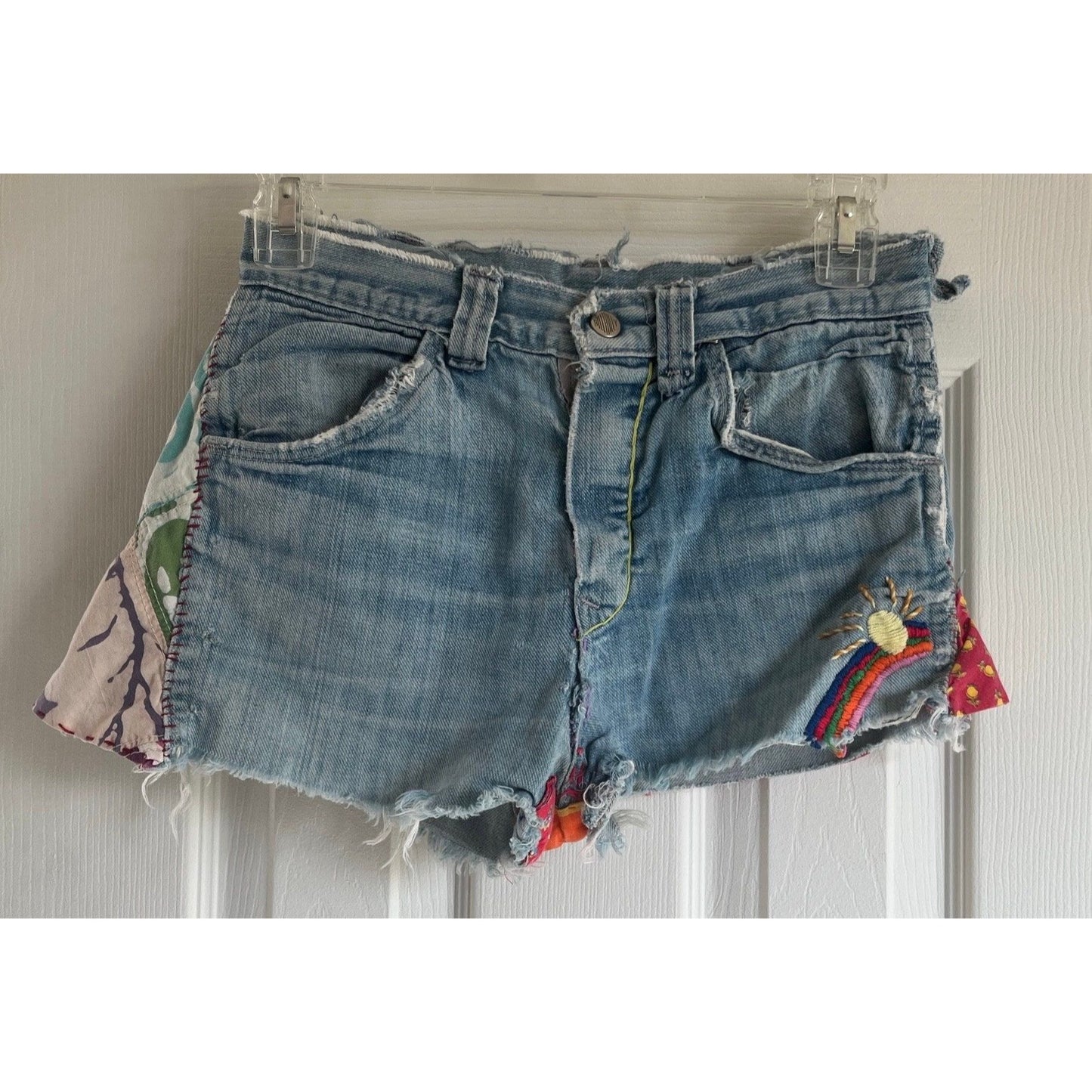 Vintage 1960's Handmade Hillbilly Cut Off Jean Shorts Embroidered Patches Rainbow Thread Psychedelic Mirror Patches