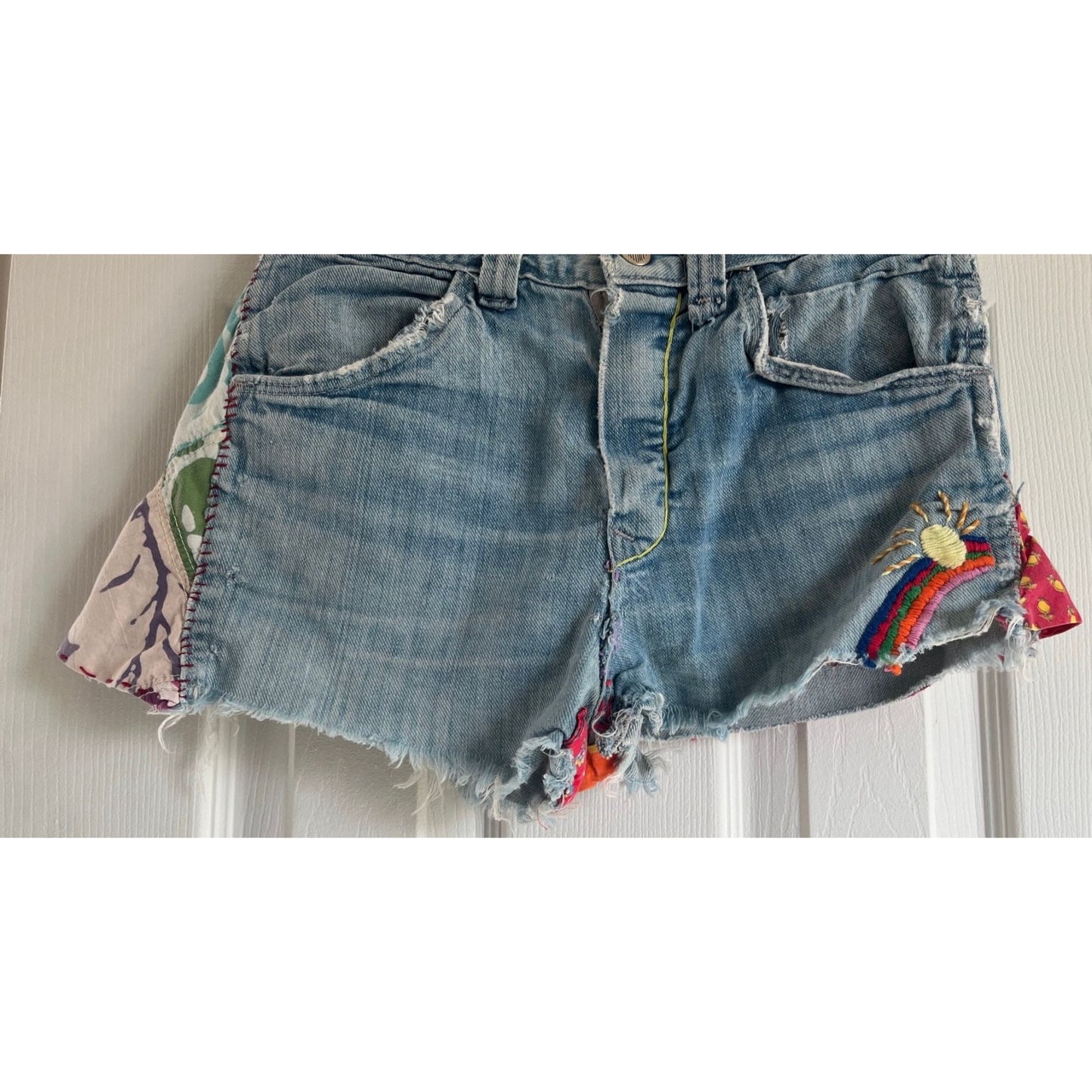 Vintage 1960's Handmade Hillbilly Cut Off Jean Shorts Embroidered Patches Rainbow Thread Psychedelic Mirror Patches