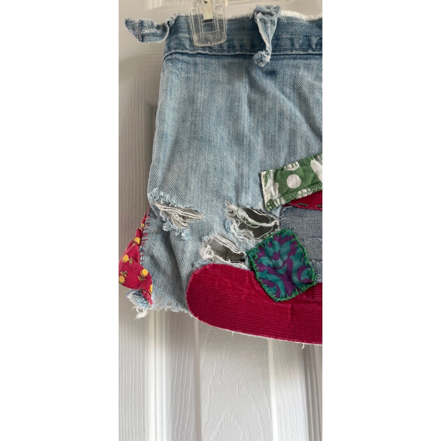 Vintage 1960's Handmade Hillbilly Cut Off Jean Shorts Embroidered Patches Rainbow Thread Psychedelic Mirror Patches