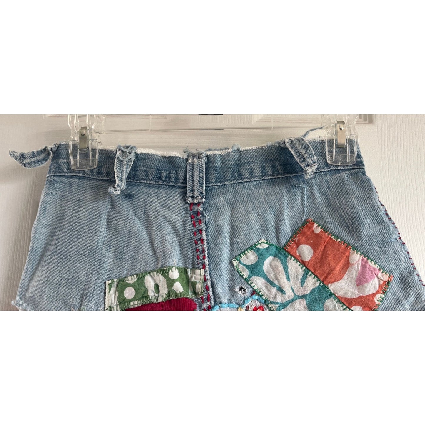 Vintage 1960's Handmade Hillbilly Cut Off Jean Shorts Embroidered Patches Rainbow Thread Psychedelic Mirror Patches