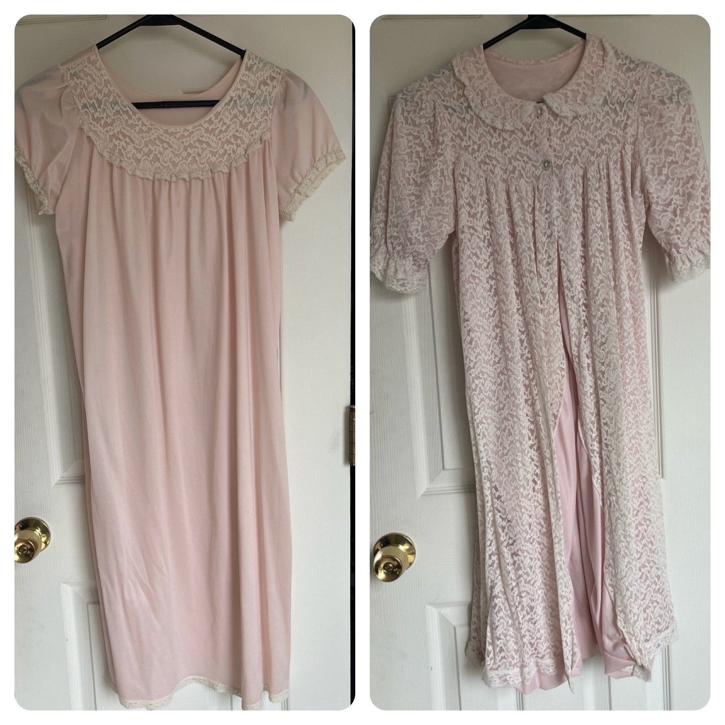 Vtg 1960's 2 Piece Ensemble Negligees Lingerie Pink & White Lace Nightgown With White Lace Robe Fully Lined In Pink  Size 10