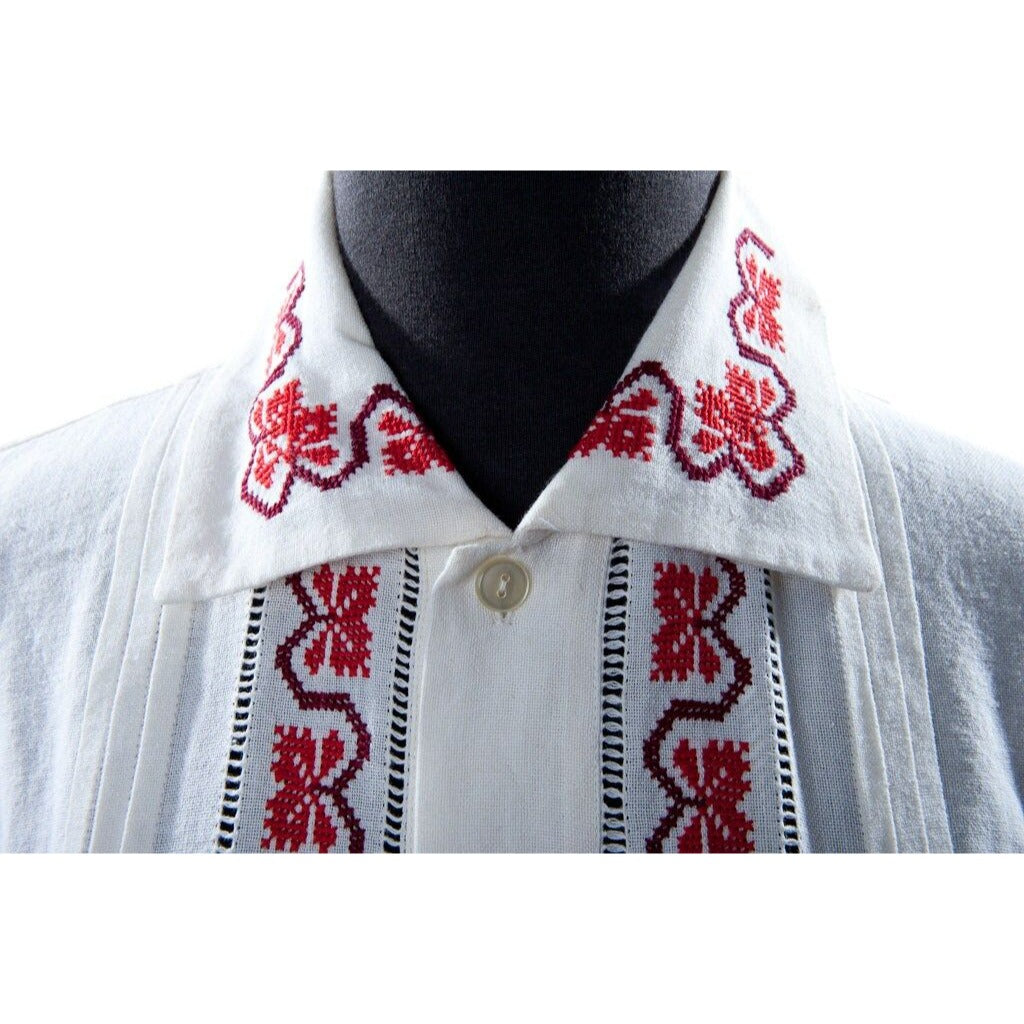 Vintage 1975 Men’s Handmade Romanian Red Purple Embroidered Pleated Shirt White Cotton L Button Down