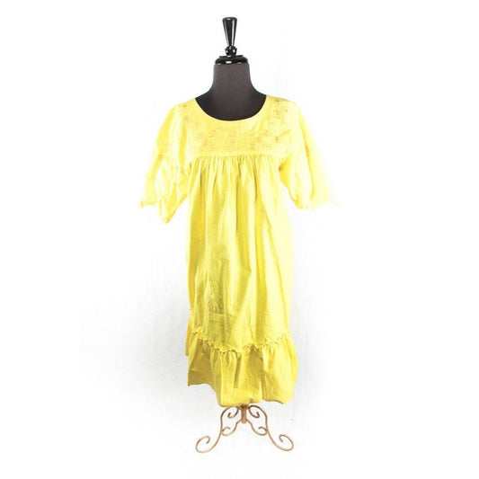 Vtg Handmade Bright Yellow Dress Made In Tlaquepaque Mexico Short Sleeve Heavy Mexican Embroidery Size L