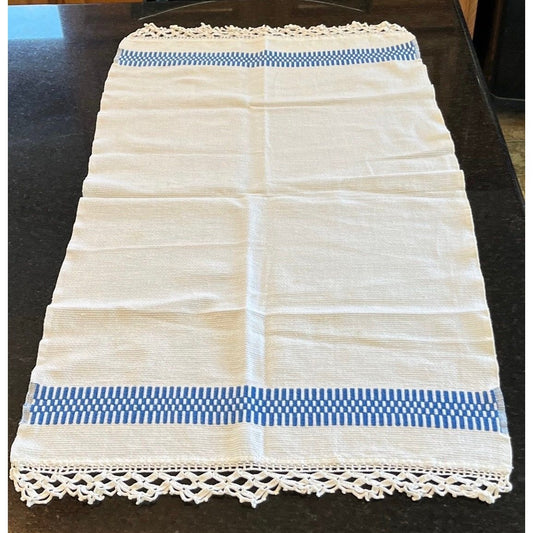 Vtg Handmade Romanian Decorative Table Runner Blue White Hand Embroidered & Crocheted Folk Romanian Textile Intricate Pattern Cotton