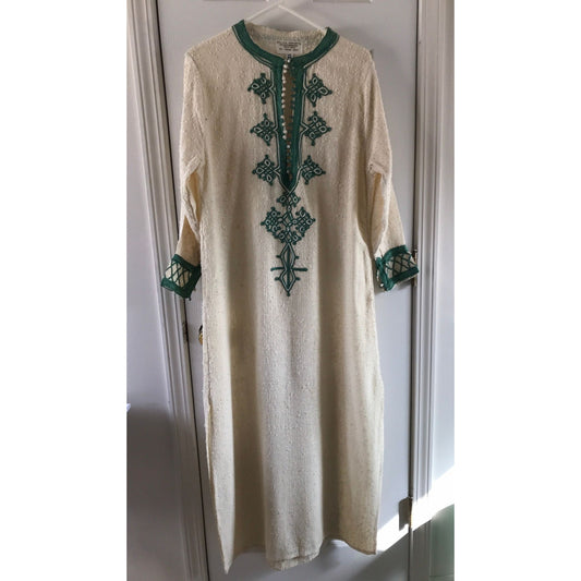 Vtg 1965 AHMEN Malika Imports Maxi Kaftan Handmade Handwoven Beige Green Filigree Braid Trim Ball Buttons S