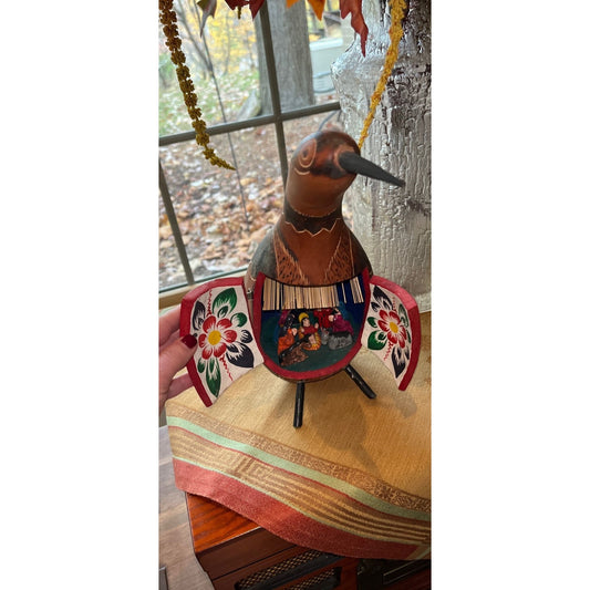 Vtg Handmade Hand Painted Hand Carved Large Gourd Nativity Scene Hand Painted Doors Carving On Stand Up Gourd Made In Ecuador