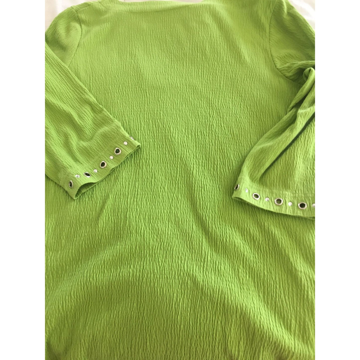 Woman's Lime Green V Neck Blouse Quaker Factory "Wear It With A Smile" Size Small