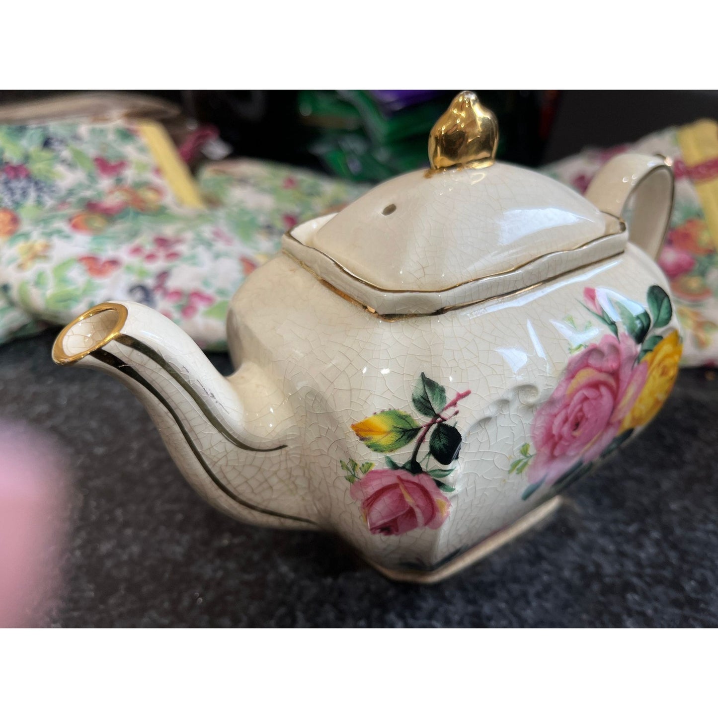 Vintage Sadler England Bone China Teapot Floral Design Gold Back Stamp Unique Porcelain Teapot