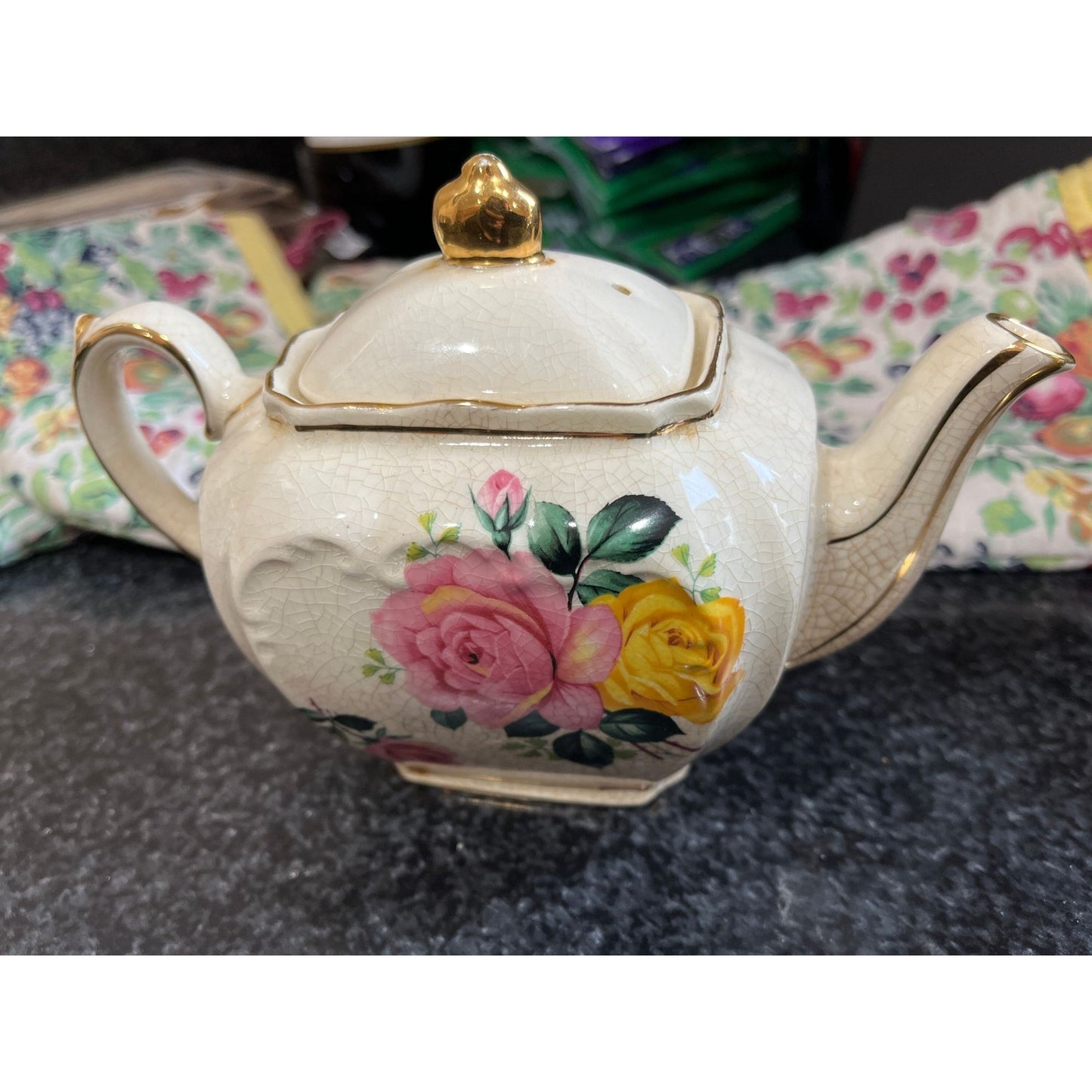 Vintage Sadler England Bone China Teapot Floral Design Gold Back Stamp Unique Porcelain Teapot