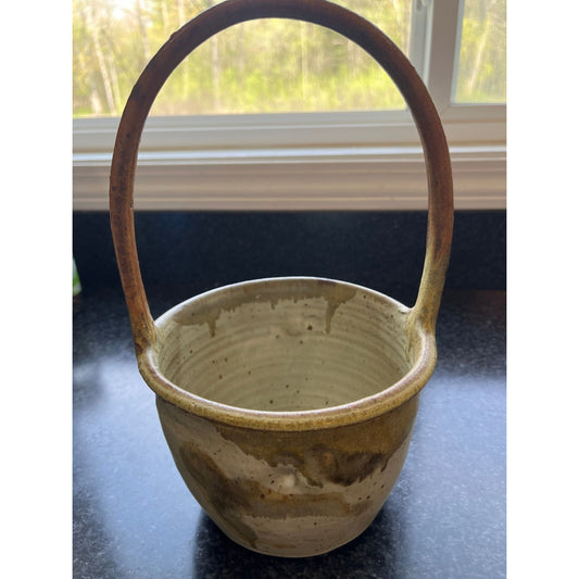 Vtg Handmade Art Fine Pottery Ceramic Basket Glazed Speckled Gray Signed By Artist NAHLER Barbara Nahler