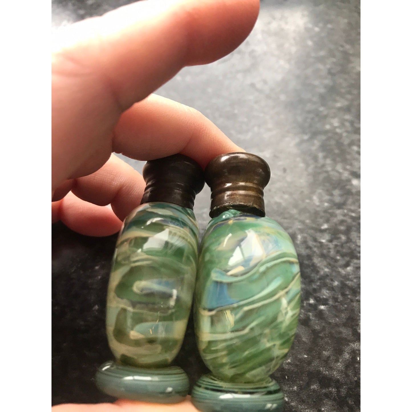 Vtg Murano Studio Art Glass Salt And Pepper Shaker Set Ornate Green & Blue Glass 2"  x 1" Pedestal Base Metal Lid