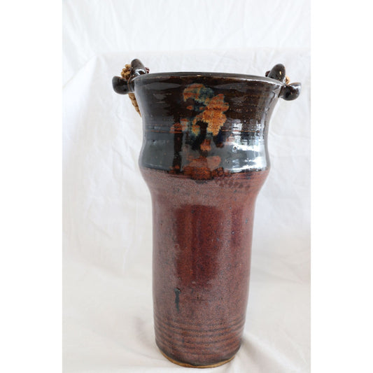 Vtg Handmade Art Fine Pottery Mary Lark Detroit Artist Tall Vase Brown Glazed Bamboo Handle Signed By Artist