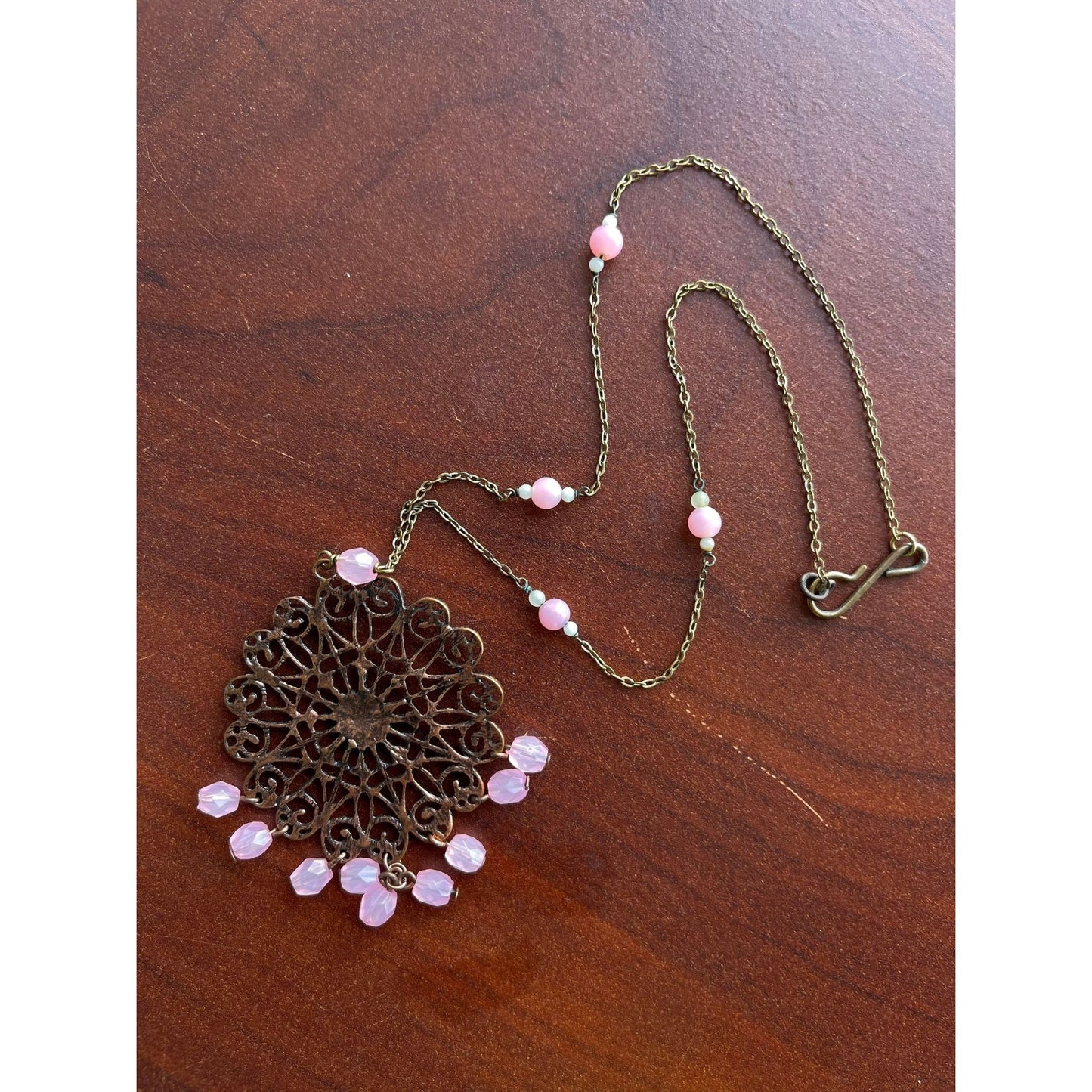 Vtg Pink Beaded Florentine Metal Beaded Round Pendant Necklace Pink Rhinestone Metal Hook Closure