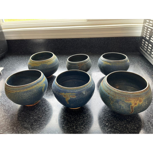 Vtg Handmade Studio Art Fine Pottery Set Of 6 Bowls Glazed Blue Brown Gray Signed By Artist HH 81