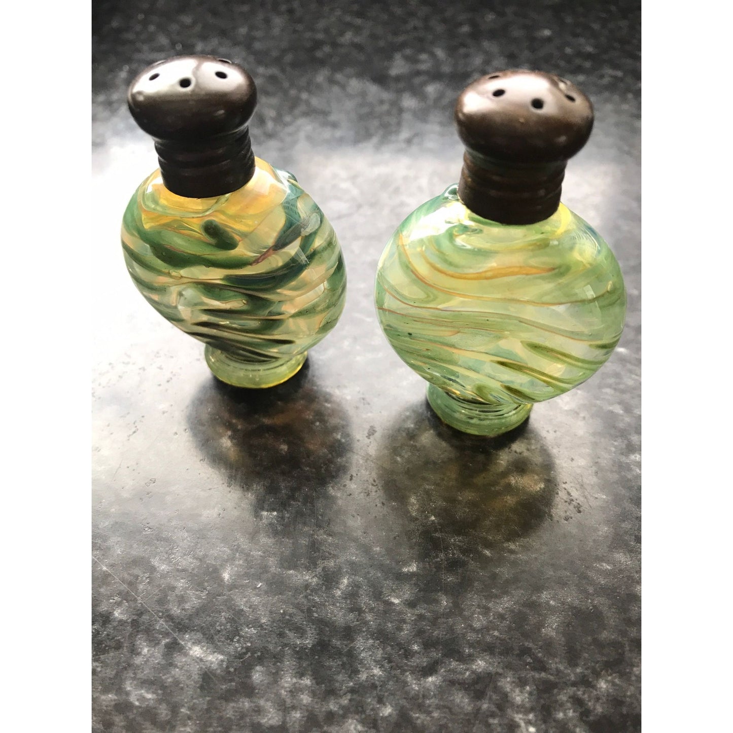 Vtg Murano Studio Art Glass Salt And Pepper Shaker Set Ornate Green & Blue Glass 2"  x 1" Pedestal Base Metal Lid