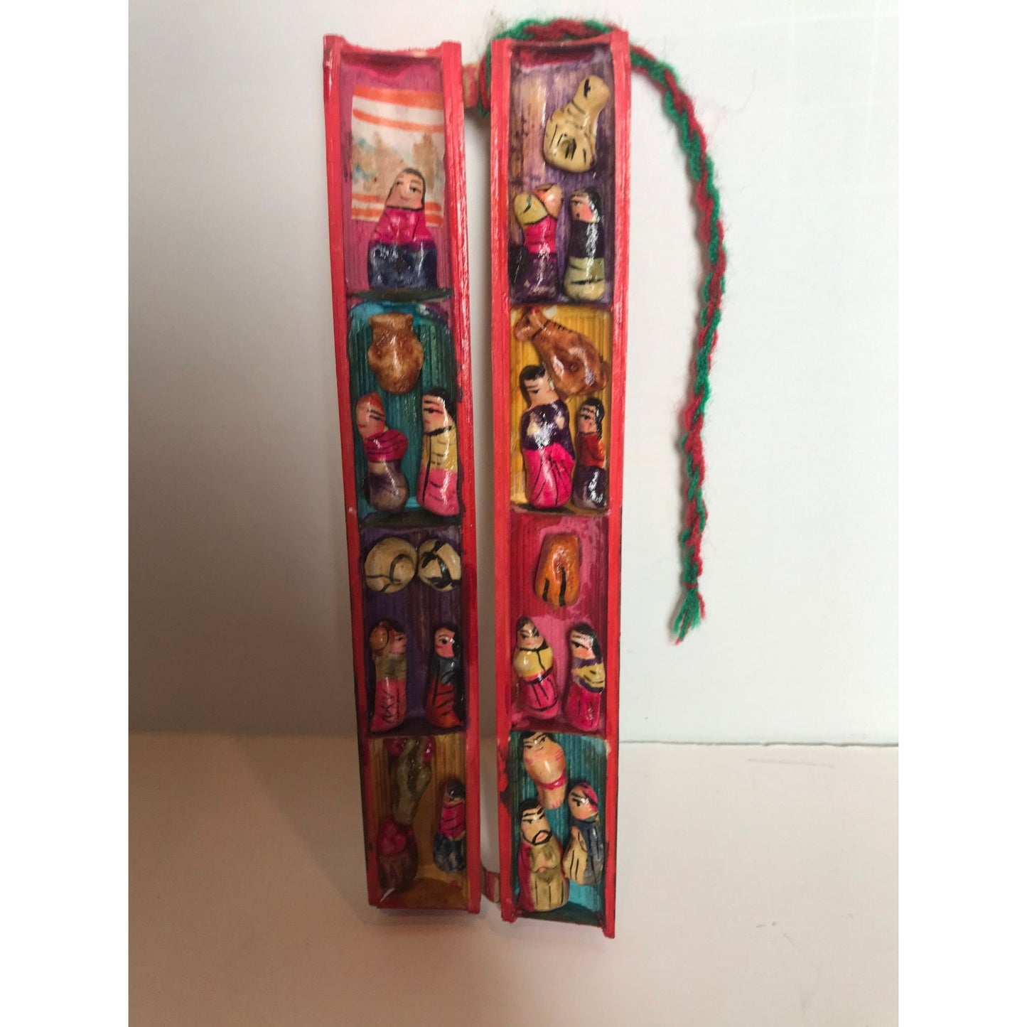 Vtg Peru Retablo Diorama Peruvian Folk Art Wood Folding Tube Handmade Hand Dyed Wood Leather Ceramic Yarn 8 Scenes