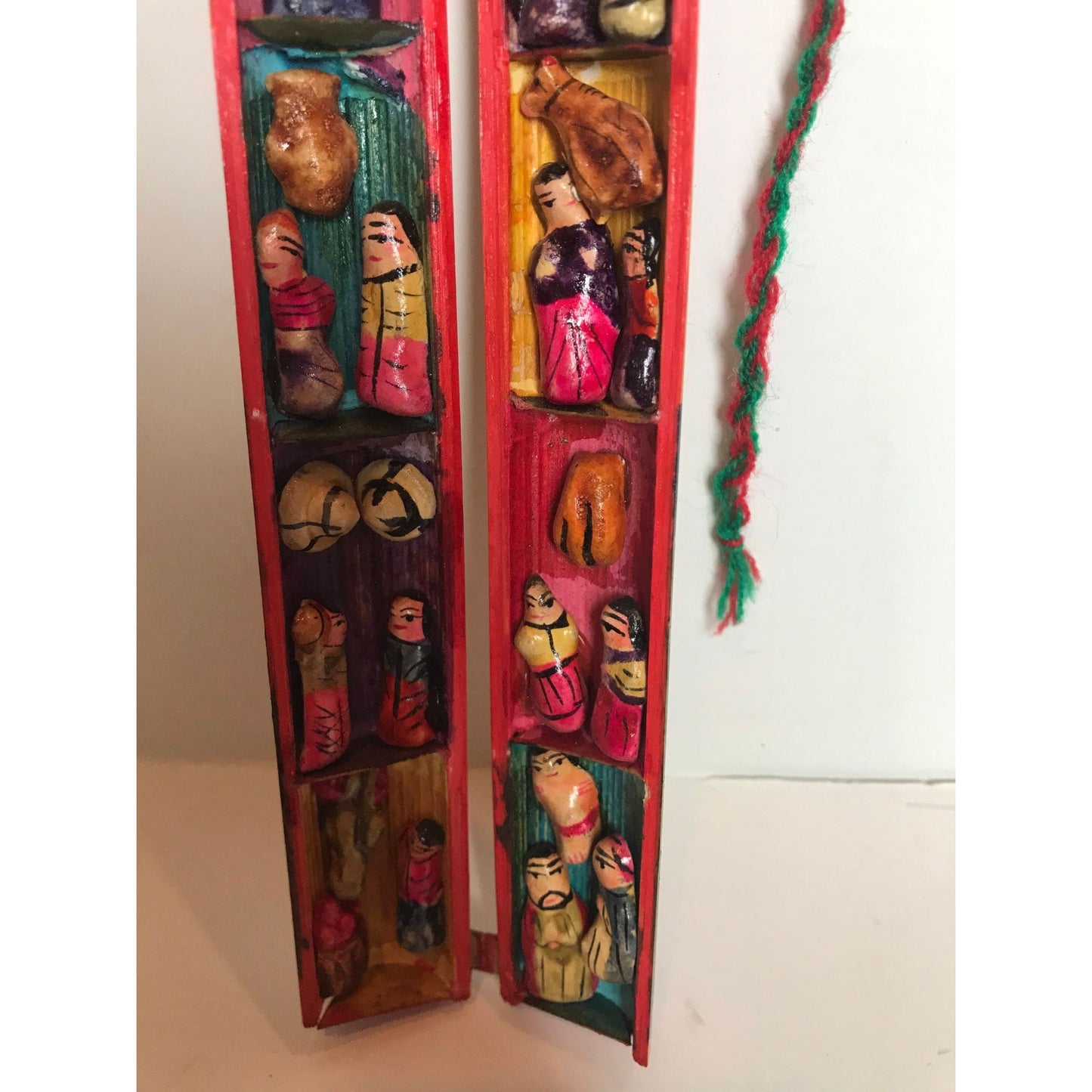 Vtg Peru Retablo Diorama Peruvian Folk Art Wood Folding Tube Handmade Hand Dyed Wood Leather Ceramic Yarn 8 Scenes