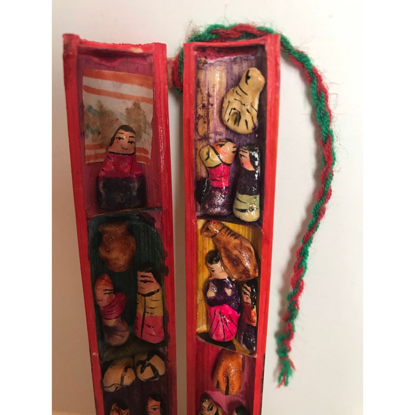 Vtg Peru Retablo Diorama Peruvian Folk Art Wood Folding Tube Handmade Hand Dyed Wood Leather Ceramic Yarn 8 Scenes