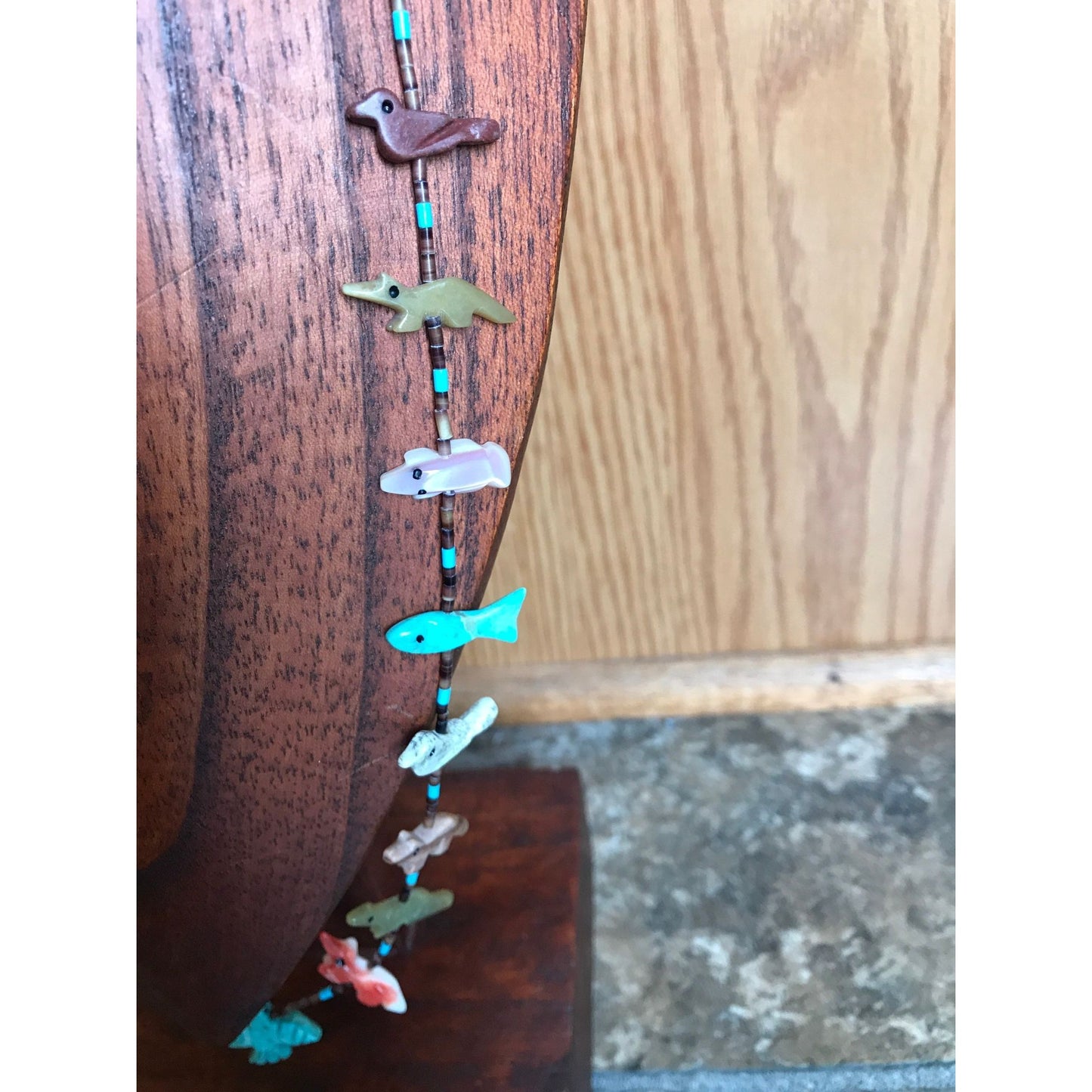 Vtg Zuni Fetish Necklace Native American Hand Carved Turquoise Thunderbird Center Various 20 Animals & Stones