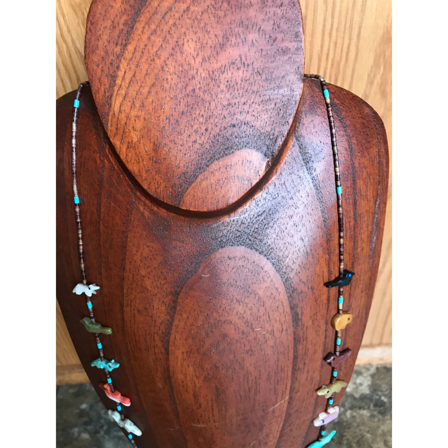 Vtg Zuni Fetish Necklace Native American Hand Carved Turquoise Thunderbird Center Various 20 Animals & Stones