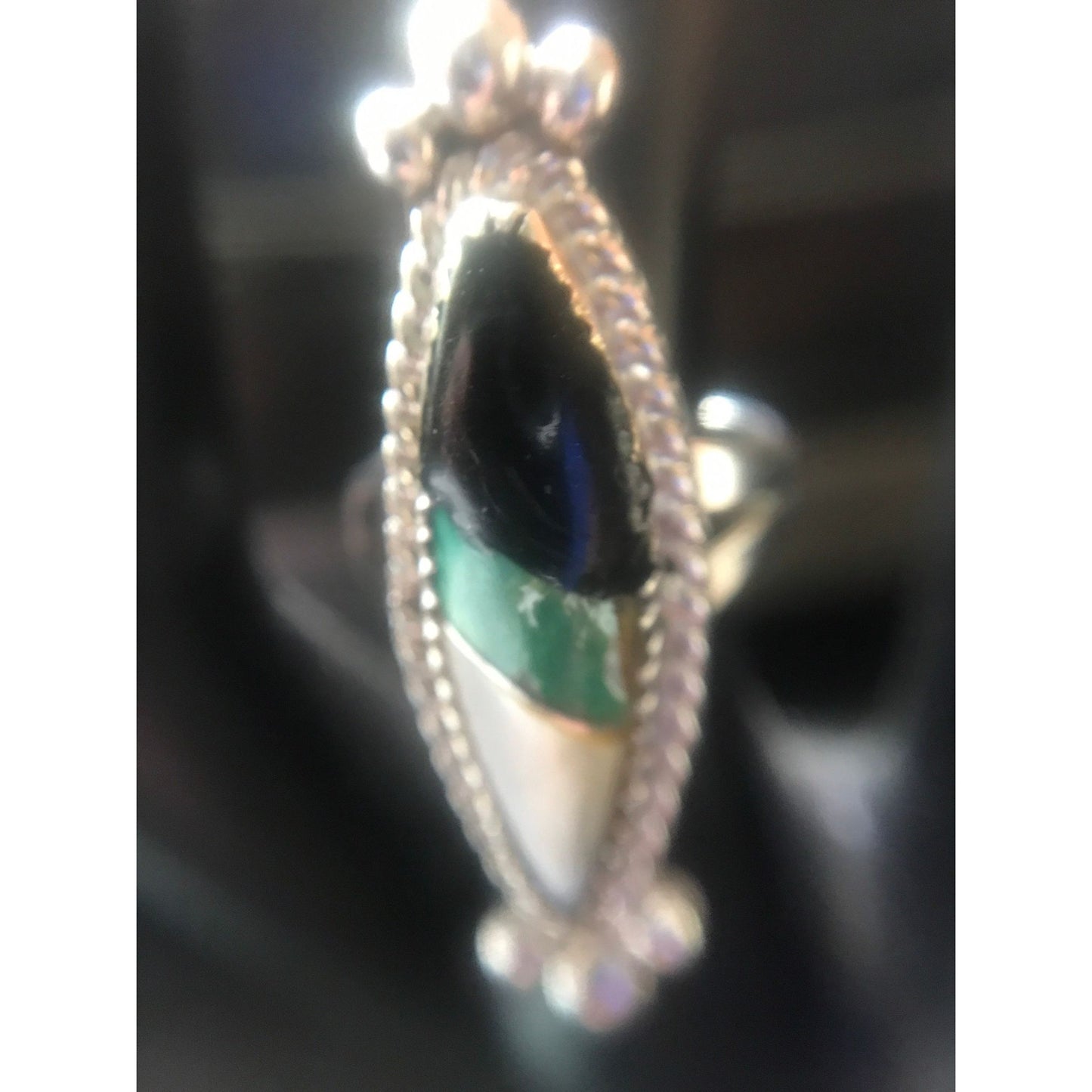 Vtg 1960's Marquise Shaped Ring With Inlaid Turquoise Mother Of Pearl & Onyx Sterling Silver Size 6 1/2