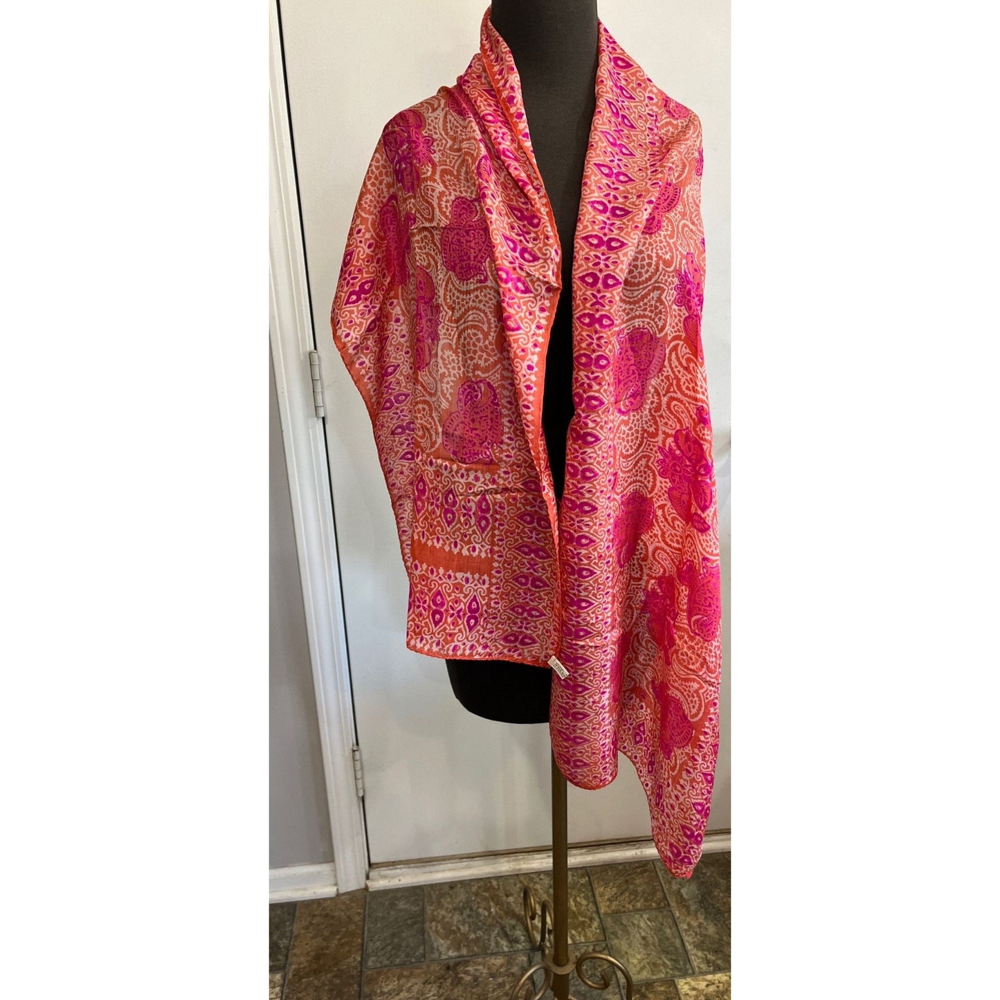 Vintage Scarf Orange And Pink Handwoven 100% Pure Silk Scarf Made in India