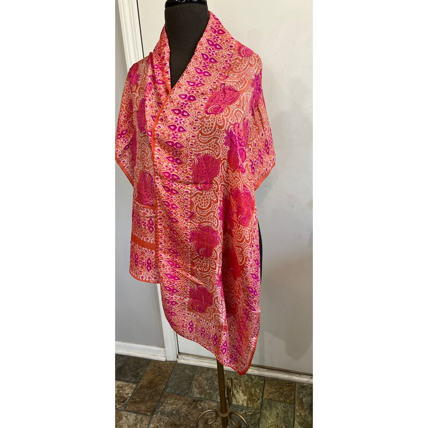 Vintage Scarf Orange And Pink Handwoven 100% Pure Silk Scarf Made in India