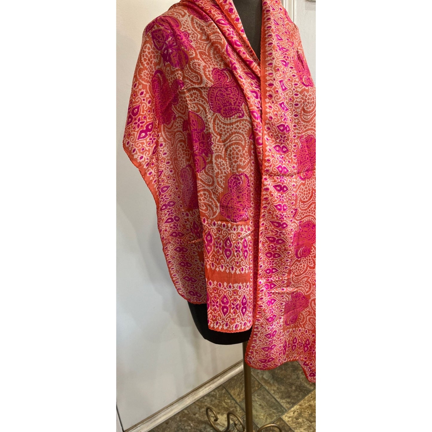 Vintage Scarf Orange And Pink Handwoven 100% Pure Silk Scarf Made in India