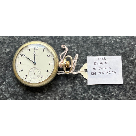 Antique 1912 Elgin Pocket Watch 15 Jewels S/N 17513276 Silver Tone Base Metal