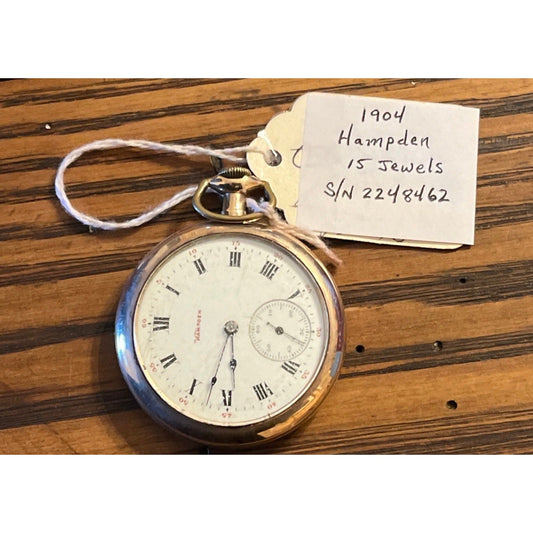 Antique 1904 Hampton Pocket Watch 15 Jewels S/N 2248462 Gold Filled Embossed Back Of Case