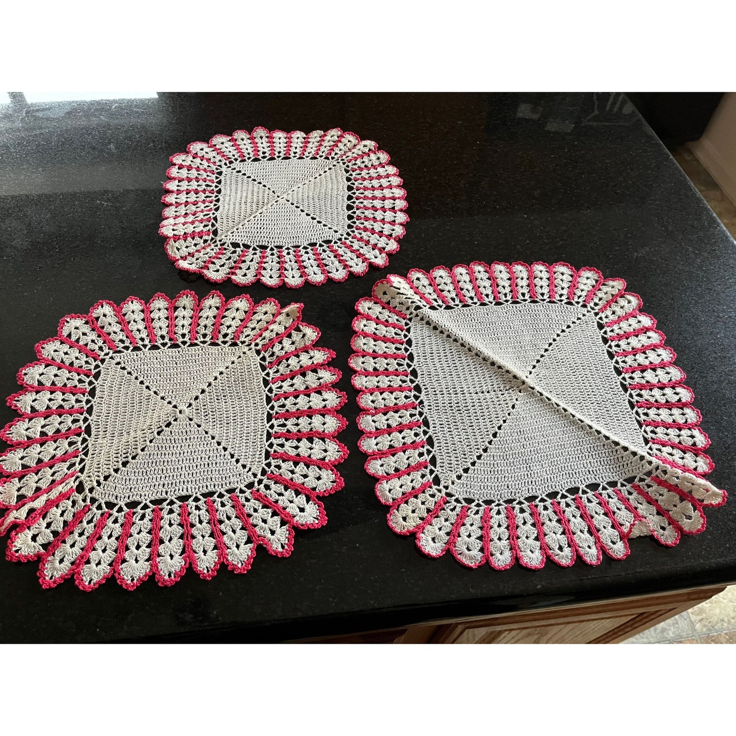 Vintage Set Of 3 Different Size Handmade Crocheted White And Pink Dollies Square Shape