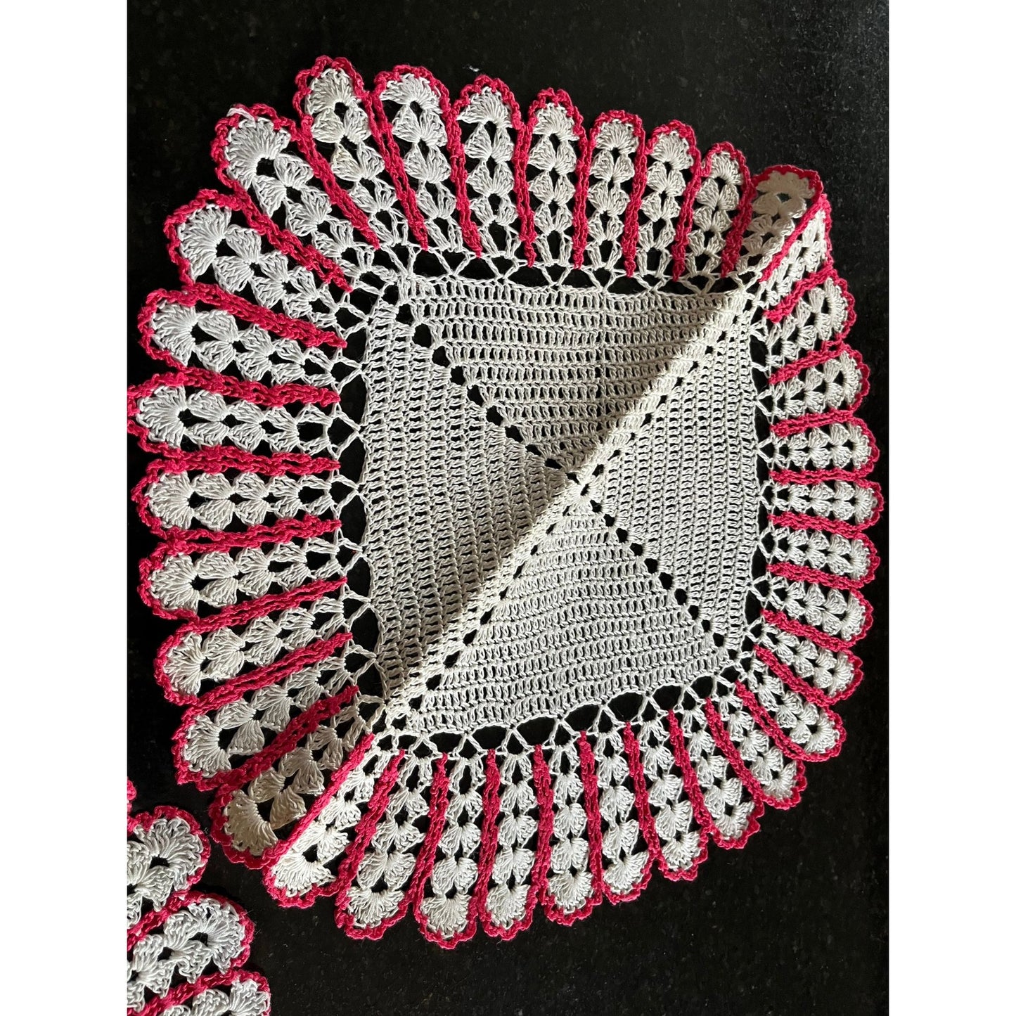 Vintage Set Of 3 Different Size Handmade Crocheted White And Pink Dollies Square Shape