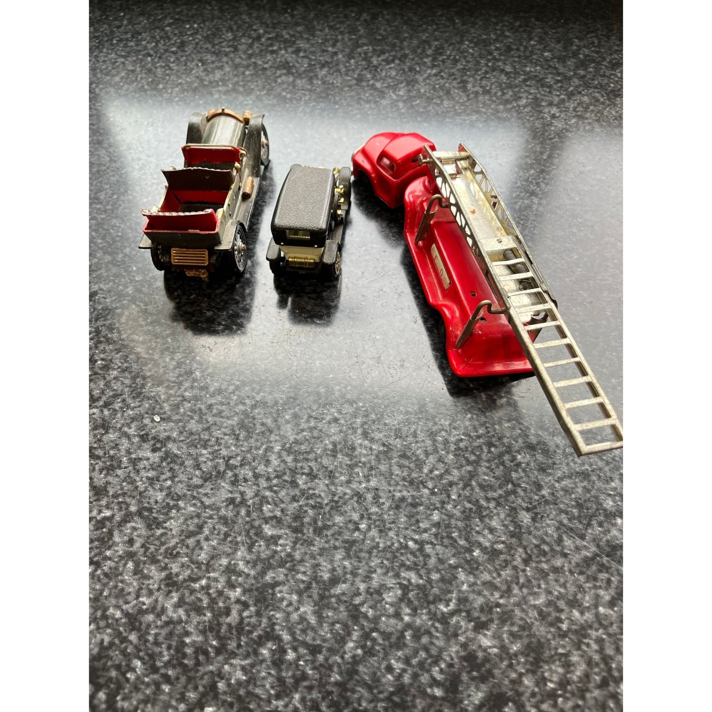 Vtg Lot 3 Model Cars One Tin Fire Truck Silver Ghost Matchbox One Revell Model Car