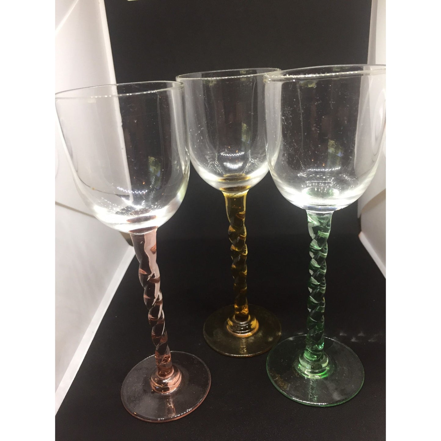 Vtg Set of 3 Liquor Venetian Glass Twisted Stems Yellow Pink Green Glass 3 Ounces 6 1/2" Tall