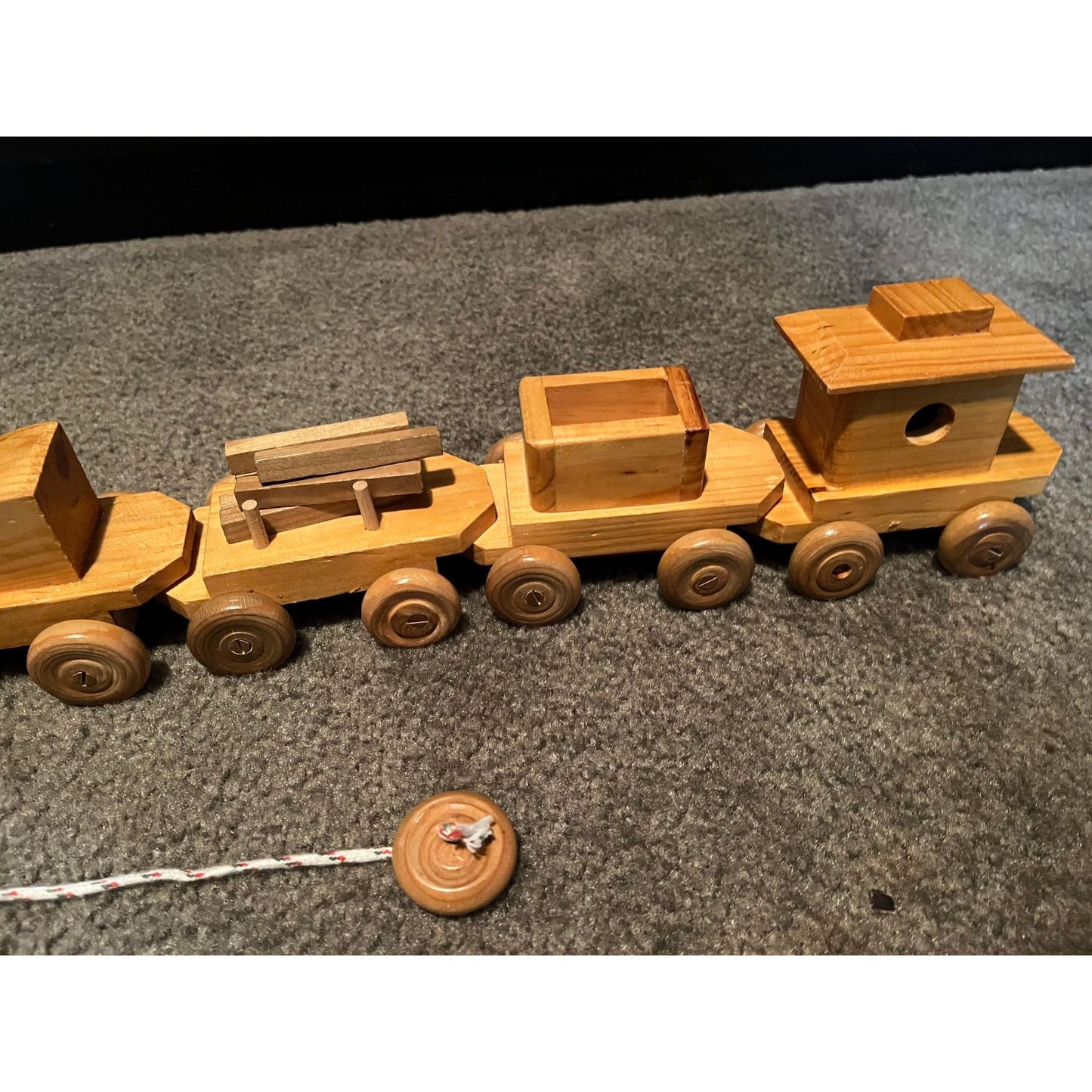 Vtg Pull Toy 6 Wooden Train Cars Engine Caboose Handmade In China Shellac Wood Original Label ART NO WTR