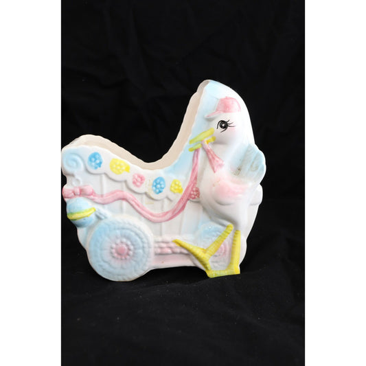 Vintage Rubens Originals Ceramic Baby Carriage Bassinette Stork Delivery 3358 Pink Blue Yellow Planter