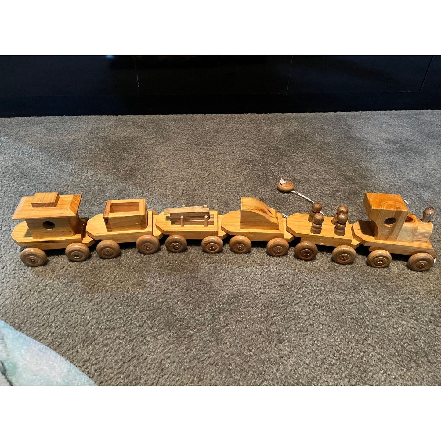 Vtg Pull Toy 6 Wooden Train Cars Engine Caboose Handmade In China Shellac Wood Original Label ART NO WTR