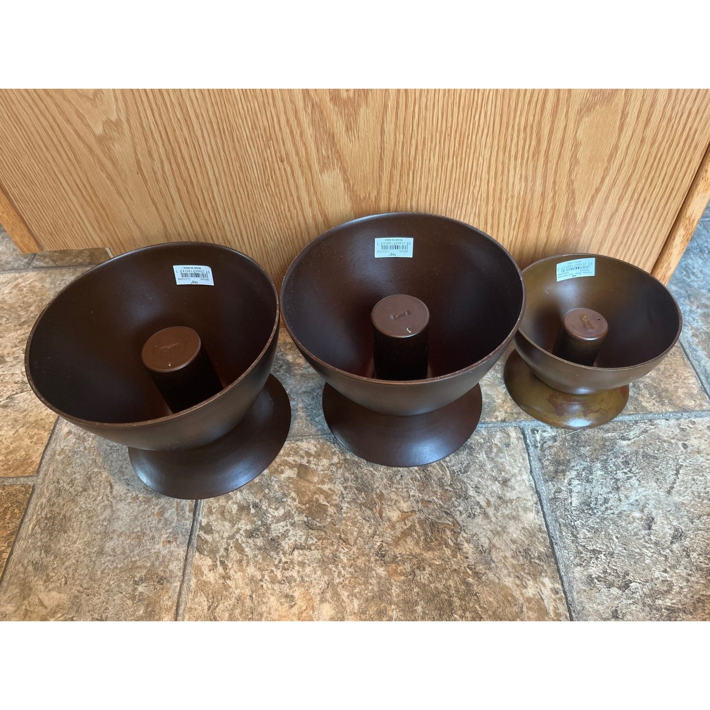 Vtg 1970's Set Of 3 Large Brown Metal TAG LTD Candle Holders Made In India Modern Mid Century