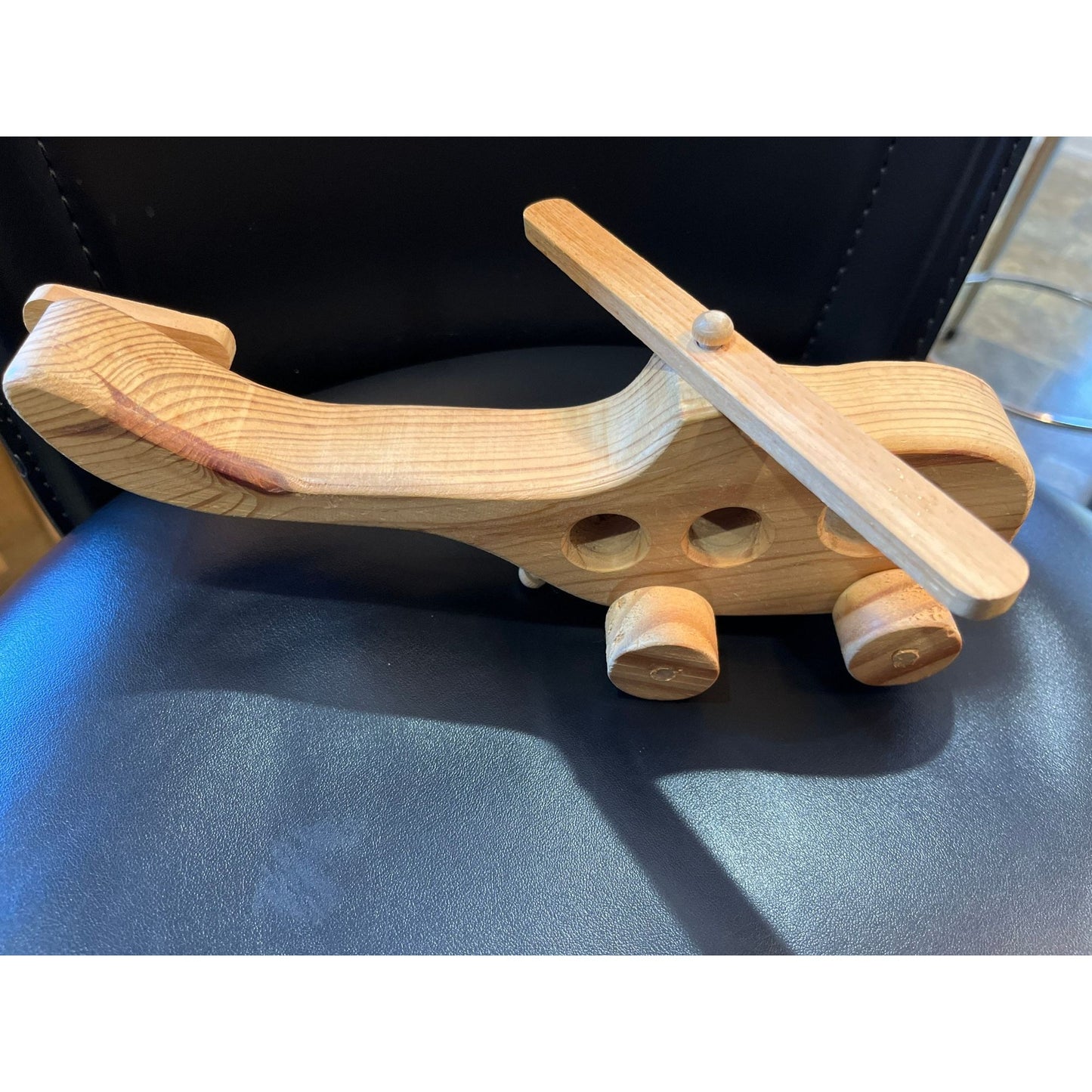 Vintage 1970's Handmade Wood Toy Helicopter Wooden Toy Helicopter With Tail Rotor Three Carved Holes