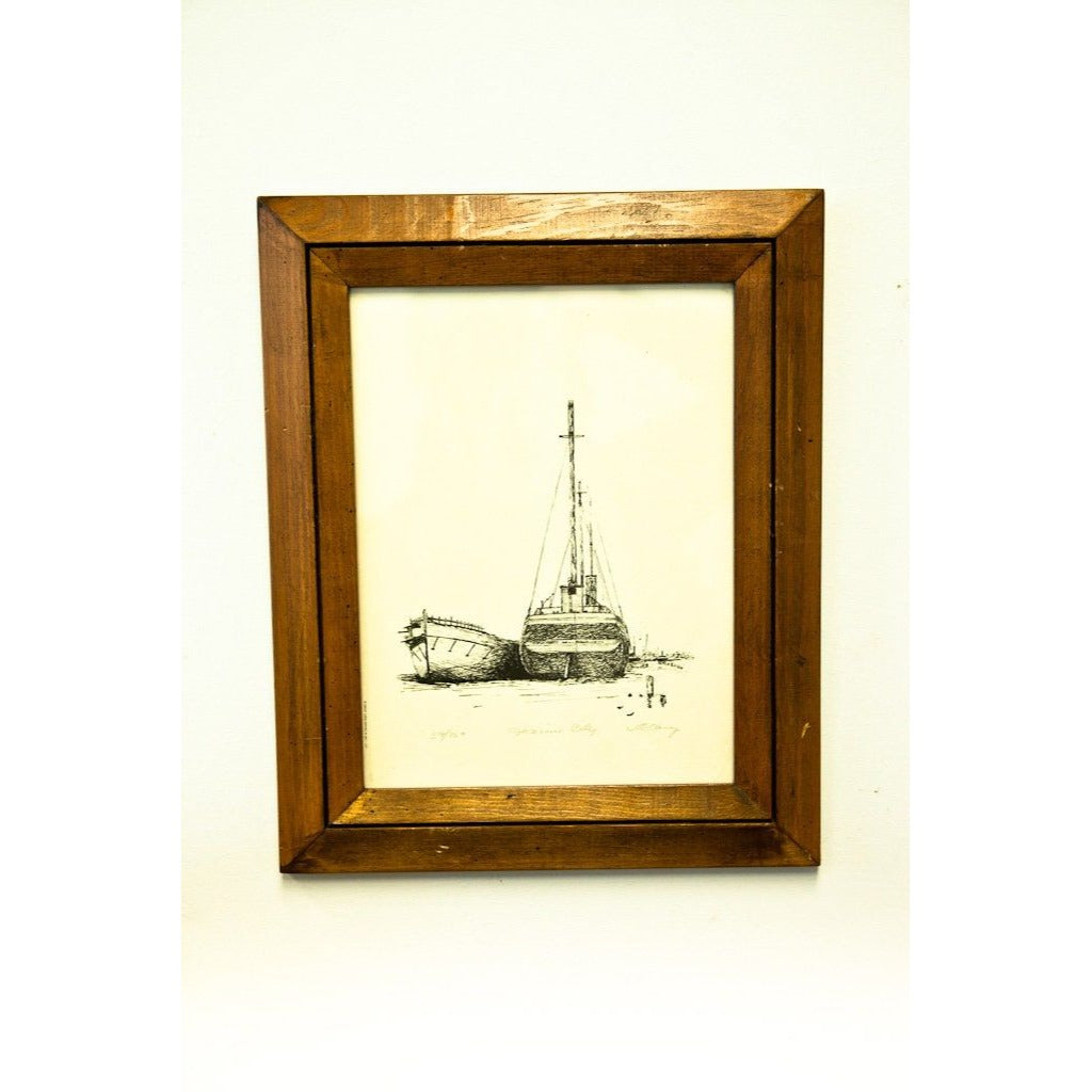 Vtg 1980's “BELLE RIVER” Ship Great Lakes Artist J. Clary 59/180 Signed Framed Black & White Maritime Art