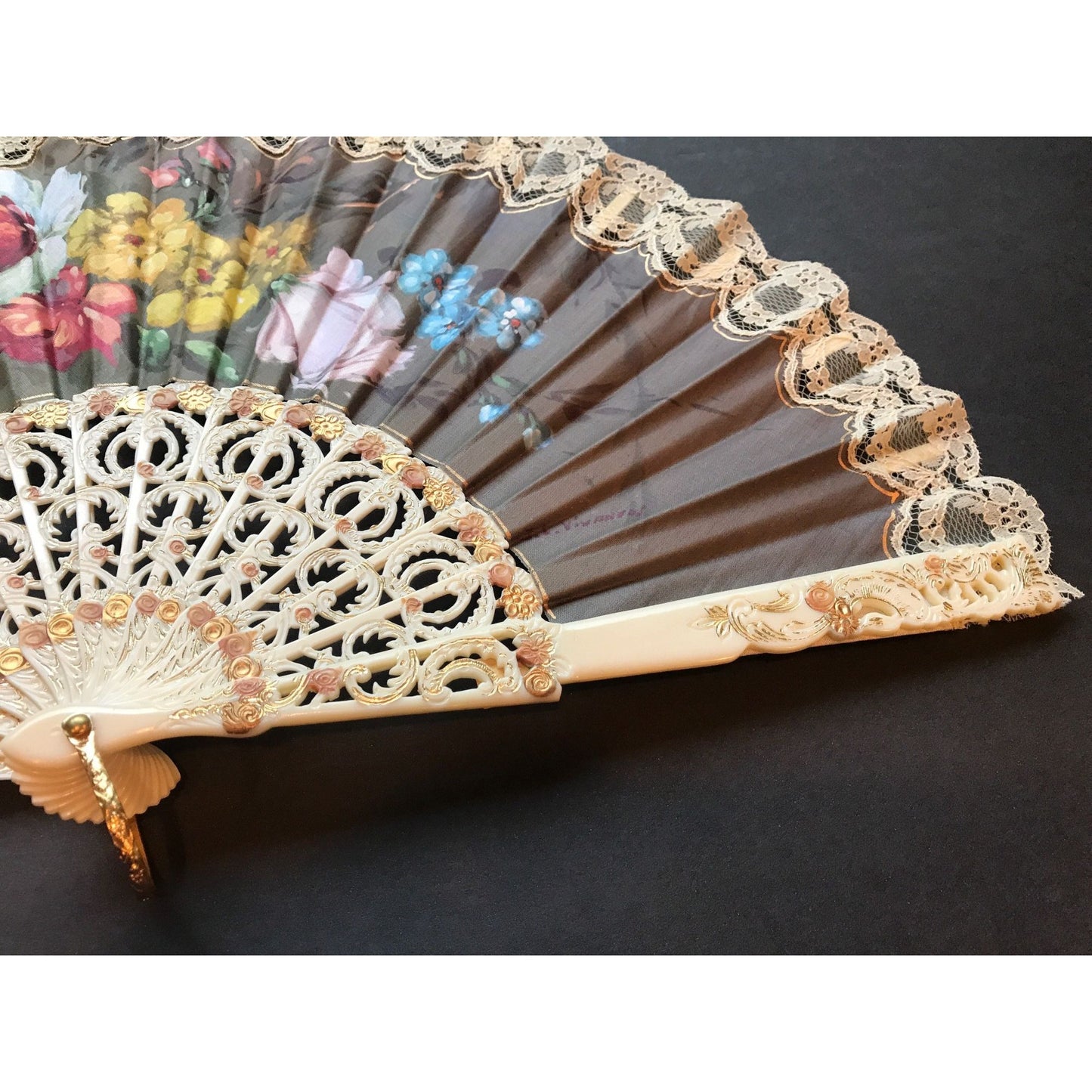 Vintage Large Hand Drawn Ecru Lace And Fabric Fan Made In Spain Signed By The Artist