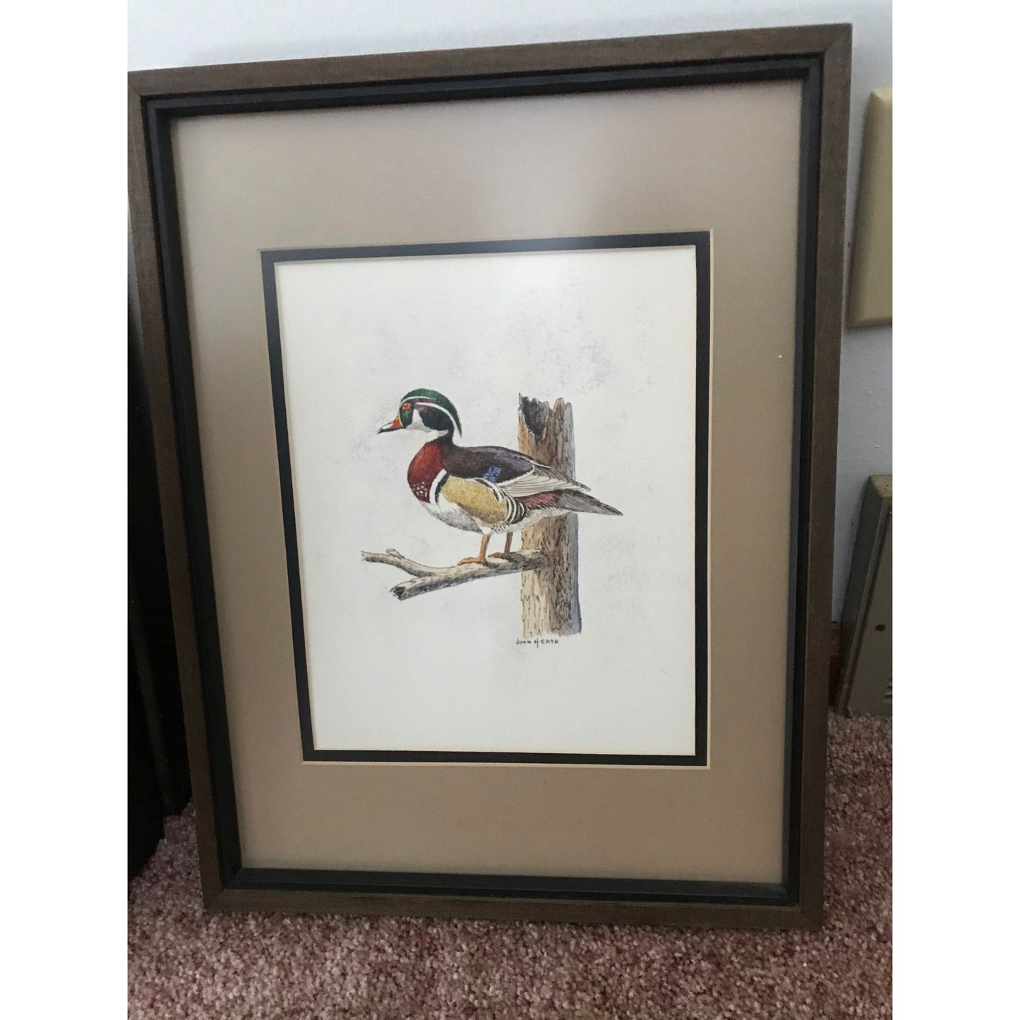 Vtg John Heath Michigan Artist "Wood Duck" Framed 1970's