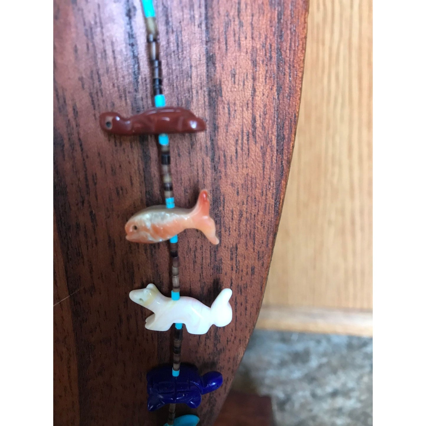 Vtg Zuni Fetish Necklace Native American Hand Carved Turquoise Thunderbird Center Various 17 Animals & Stones