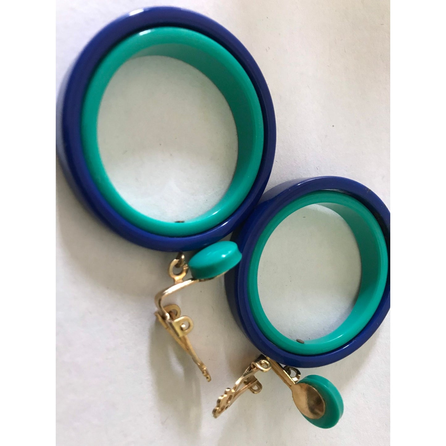 Vtg 1960's Mod Dangle Drop 2 Concentric Circles Clip On Earrings Deep Blue Turquoise Geometric