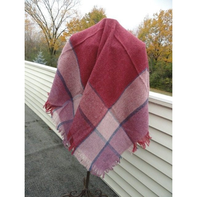 Vintage Wrap Shawl 1970’s Avoca HANDWEAVERS Pure New Wool Maroon Pink Blue Mauve Ireland